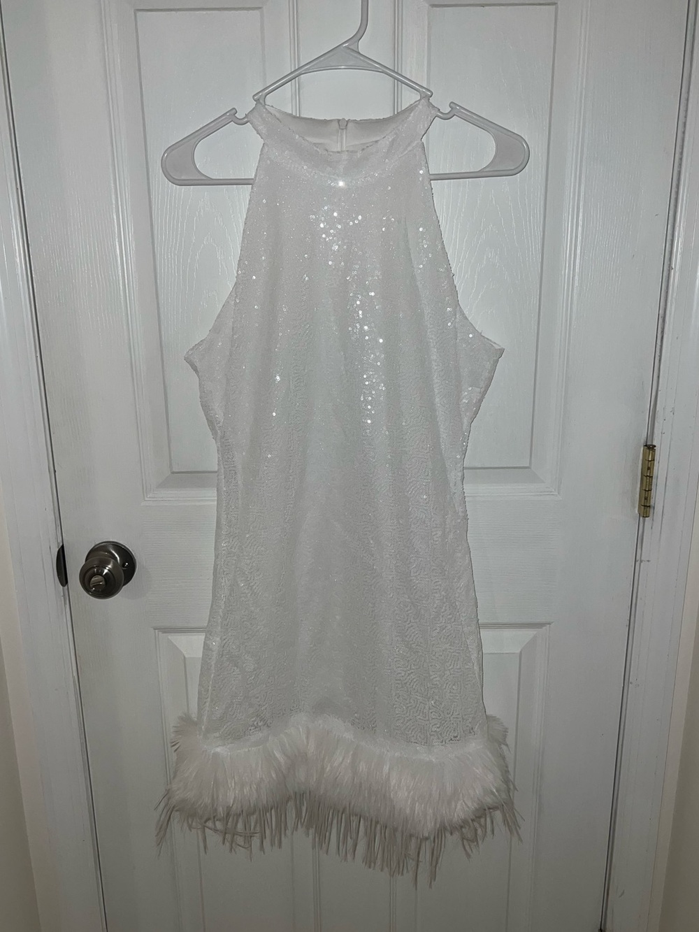 White Sequin Halter Dress with Feather Hem